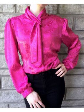 Vibrant Hot Pink Vintage 80s Secretary Button Up Blouse